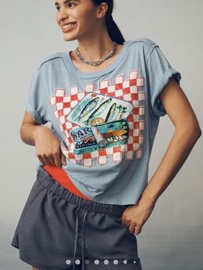 Maeve Light Blue Short Sleeve Tee with Red Checkerboard & Multicolor Graphic